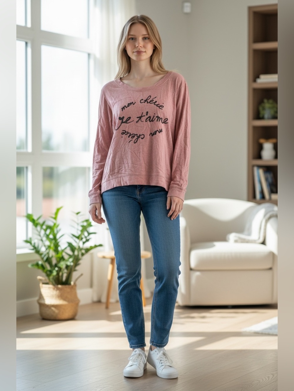 Y2K Jessica Simpson Dusty Pink Sweatshirt Size XL Mon Cherie With Bow Keyhole